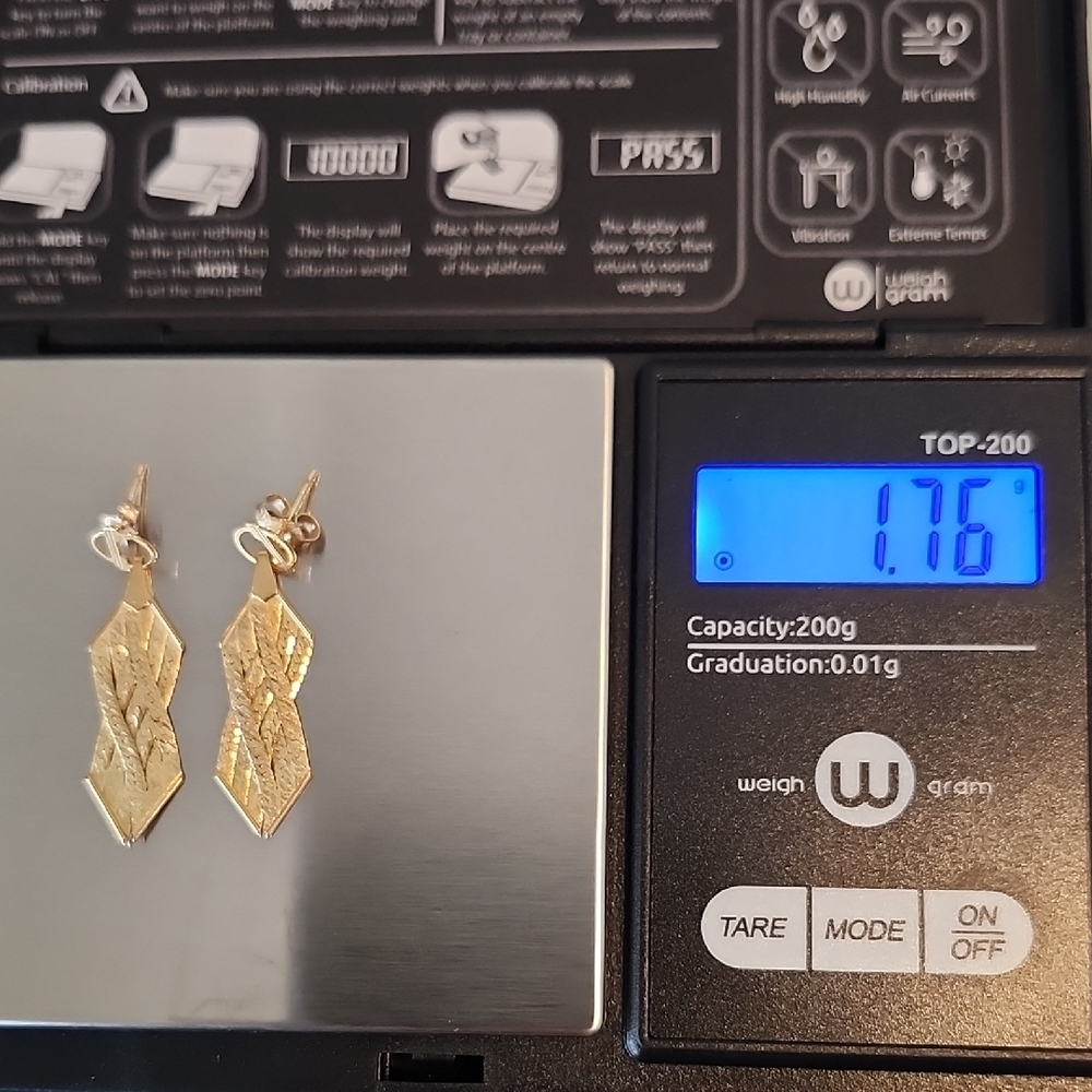 14K Gold Vintage Elegant Solid Gold Braided Herringbone Dangle Pierced Earrings - Picture 6 of 15